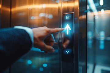 Close up of man finger pressing elevator up button in the elevator. Success concept.