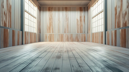 A spacious empty room with wooden walls and flooring, illuminated by the natural light coming from outside