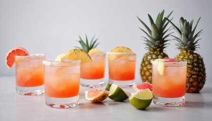 Refreshing summer cocktails with bitters on the table with lime, grapefruit and pineapple - obrazy, fototapety, plakaty