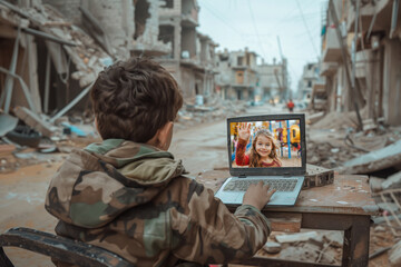 Little boy surrounded with ruins of destroyed buildings in war zone using laptop for video call with his friend which is far away. Childhood and war concept.