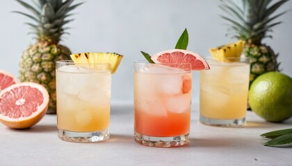 Refreshing summer cocktails with bitters on the table with lime, grapefruit and pineapple - obrazy, fototapety, plakaty