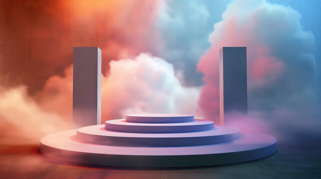 An ethereal scene with a colorful podium enveloped in a dreamy smoke, invoking a sense of mystery and showcase