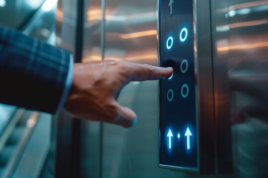 Man pressing elevator pitch button on virtual screen. Business, technology, internet and networking concept