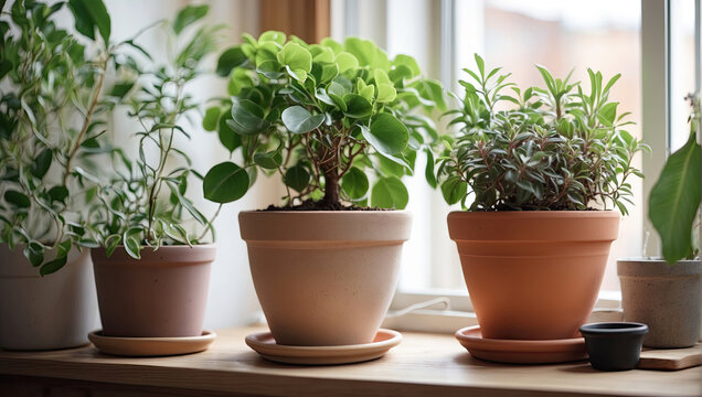 Popular Potted plants in a terracotta pot On the window sill of the house window, balcony,  succulent, begonia, blooming, ficus