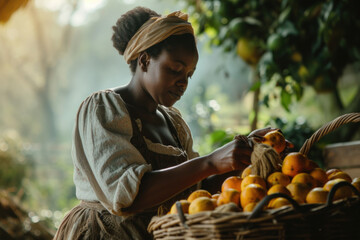 Time-Honored Harvest: Woman Hand-Picking Fresh Citrus in a Traditional Grove
