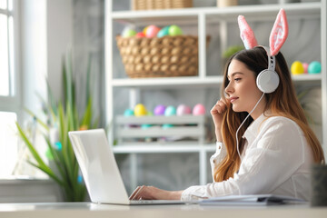 Side view portrait of businesswoman sitting at the home office desk and looking at laptop screen. She is wearing bunny ears headphones. Colorful easter eggs in the background. - 765429723
