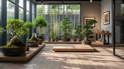 Afwasbaar fotobehang Tranquil bonsai tree. An elegant arrangement of various bonsai trees within a contemporary room with large windows offering natural light and zen ambiance. © Denflow