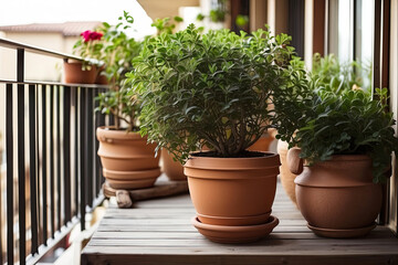 Popular Potted plants in a terracotta pot On the window sill of the house window, balcony,  succulent, begonia, blooming, ficus