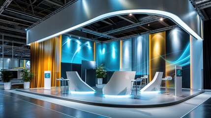 Exhibition stand design with space and interior inside. Modern architecture, site lighting. plants...