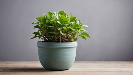 Popular Potted plant on solid grey background with copy space, in pots - ficus, begonia, grass, kitchen garden. 