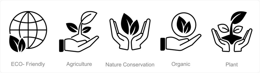 Obraz premium A set of 5 Organic Farming icons as eco-friendly, agriculture, nature conservation