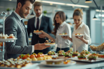 Group of people enjoying brunch buffet canape together at event - obrazy, fototapety, plakaty
