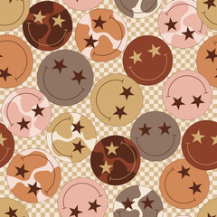 Groovy colourful cow spotted smiling faces with star shape eyes on checkerboard vector seamless pattern. Hand drawn retro howdy wild west aesthetic background. - 765430112