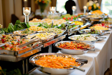 Food served on buffet table. Event or celebration concept