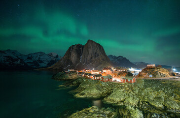 The top view. of HAMNOY village with a northern light view point  on Norway 