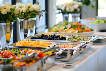 Catering buffet in hotel restaurant. Food styling and restaurant meal self service serving concept.