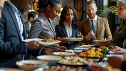Businesspeople serving themselves at buffet table. Diversity and food concept.