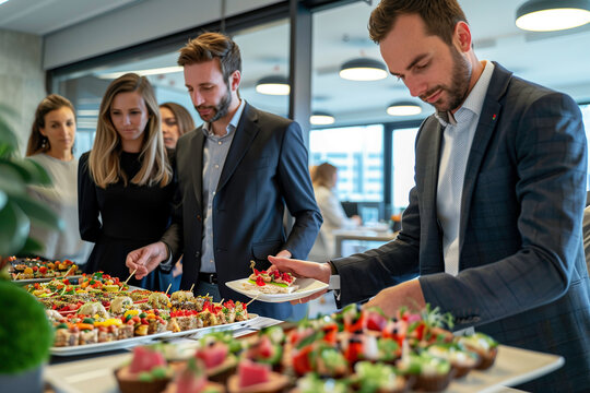 Group of people enjoying brunch buffet canape together at event