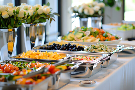Catering buffet in hotel restaurant. Food styling and restaurant meal self service serving concept.
