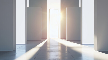 A room with luminous columns for the presentation and placement of advertising, people, products, goods. White space with blue lighting. Futuristic style, vertical screens. Warm and cold.