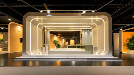 Exhibition stand design with space and interior inside. Modern architecture, site lighting. Futuristic shapes. Business event, pavilions. Yellow