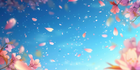 Fototapeta na wymiar pink blossoms falling from the sky on blue sky background, pink cherry blossoms wallpaper banner, empty space background