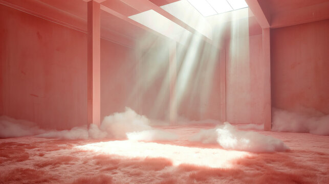 Futuristic pink space for presentation and placement of advertising, people, products, goods. Walls and floor made of fabric. Panoramic window on the ceiling, direct rays of the sun. Unusual design.