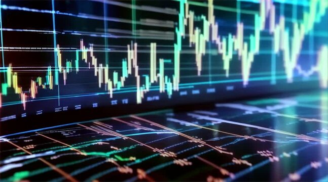 Close-up on glowing financial graphs and stock market data charts depicting economic trends and analysis.

