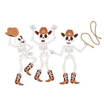 Groovy western Halloween dancing cowboy skeleton rodeo party vector illustration isolated on white. Hand drawn retro October 31 holiday howdy wild west aesthetic print poster postcard design.