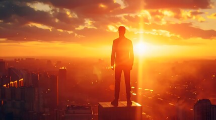 Fototapeta premium Silhouette, Sunset, Cityscape, Skyscrapers, Horizon, Dusk, Rooftop, Standing, Overlooking, Urban, Glow, Twilight