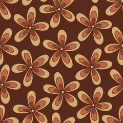 Retro earthy colours groovy flowers vector seamless pattern. Hand drawn boho hippie floral background. - 765430781