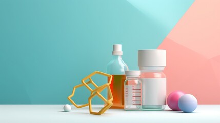 Biochemistry study with a focus on drug formulation, detailed molecular models visible, ample copy space, 3D render, isolated, cold colors, synth-wave, Fortnite, retro interior design