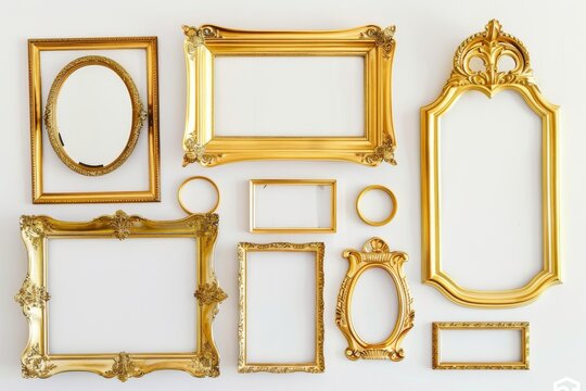 Assorted Baroque Vintage Frames Against A Wall. A collection of empty vintage picture frames against a textured wall, presenting a variety of sizes and ornate designs