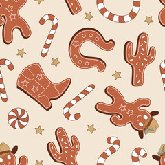 Groovy Howdy Christmas sweets gingerbread cowboy boots lucky horse shoe cactus shape vector seamless pattern. Hand drawn retro Xmas December 31 holiday season wild west aesthetic background. Perfect - 765430996
