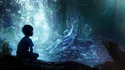 Child, Mystical, Forest, Bioluminescent, Creatures, Fantasy, Enchantment, Wonder, Silhouette, Ethereal, Illumination, Tranquility