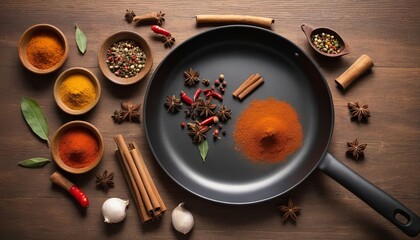 Various spices and frying pan on a wooden background