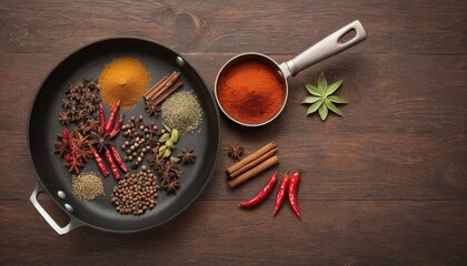 Various spices and frying pan on a wooden background