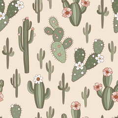 Groovy desert landscape bloomy cactus plant with flowers vector seamless pattern. Hand drawn retro howdy wild west aesthetic background.