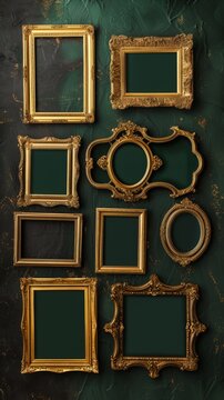 Assorted Baroque Vintage Frames Against A Wall. A collection of empty vintage picture frames against a textured wall, presenting a variety of sizes and ornate designs