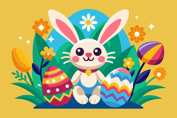 funky easter, colorful eggs, happy bunny, logo vector illustration