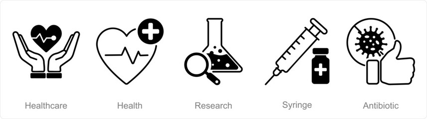 A set of 5 Pharmacy icons as health care, health, research