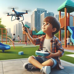 A child flying a drone with remote control and playing in the playground - obrazy, fototapety, plakaty