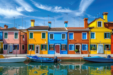 A colorful row of houses along the canal in Burano, Italy. The buildings have bright colors and are near boats docked at their sides. In front is blue sky with white clouds