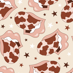 Groovy woman cowgirl lips with cow spots printed tongue out vector seamless pattern. Hand drawn retro howdy wild west aesthetic background.