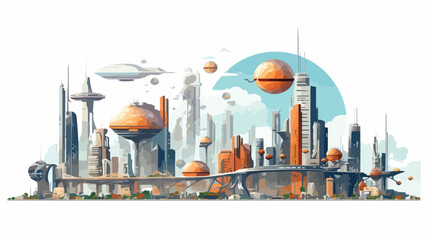 A futuristic cityscape with towering buildings 