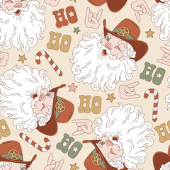 Groovy Howdy Christmas Santa Claus in cowboy hat vector seamless pattern. Hand drawn retro Xmas December 31 holiday season wild west aesthetic background. Perfect for gifts wrapping paper, greeting - 765431742