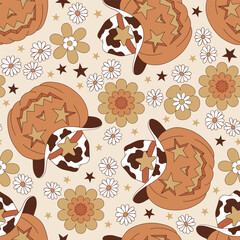 Groovy western Halloween pumpkin in cow spots printed sheriff or cowboy hat vector seamless pattern. Hand drawn retro October 31 holiday howdy wild west aesthetic floral background. - 765432118