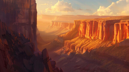 An enchanting digital artwork showcasing a fantastical canyon bathed in the golden light of a setting sun - obrazy, fototapety, plakaty