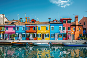 A colorful row of houses along the canal in Burano, Italy. The buildings have bright colors and are near boats docked at their sides. In front is blue sky with white clouds - obrazy, fototapety, plakaty