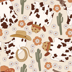 Groovy western Halloween cute cartoon cow spotted ghost cowboy rodeo vector seamless pattern. Hand drawn retro October 31 holiday howdy wild west aesthetic floral background.